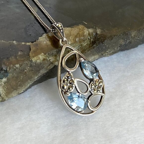 Sterling Silver 925 SLC Blue Topaz Marcasite Teardrop Pendant Necklace 18" Chain - Picture 4 of 16